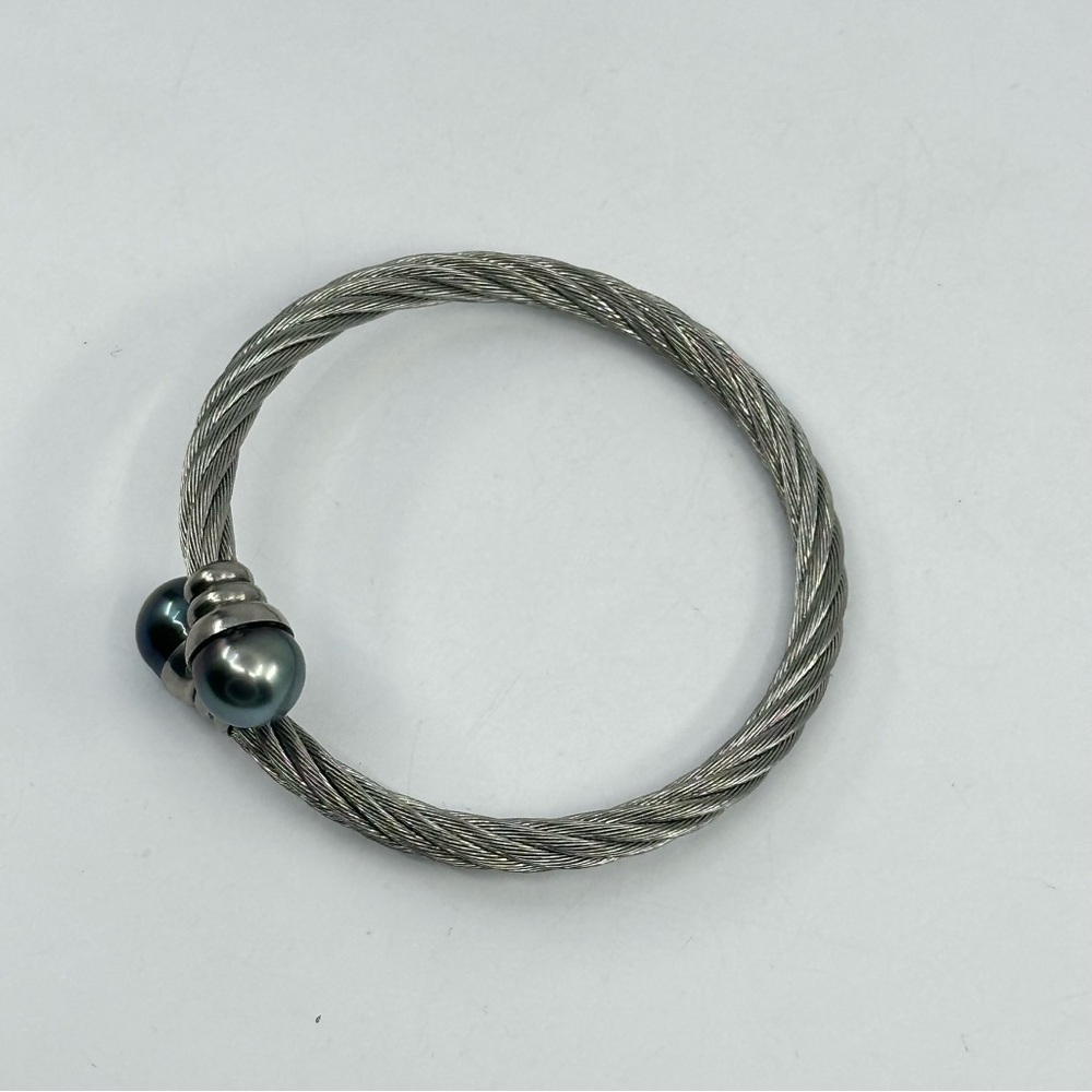 #347 Stainless Steel & Freshwater Black Pearl Cable Bracelet